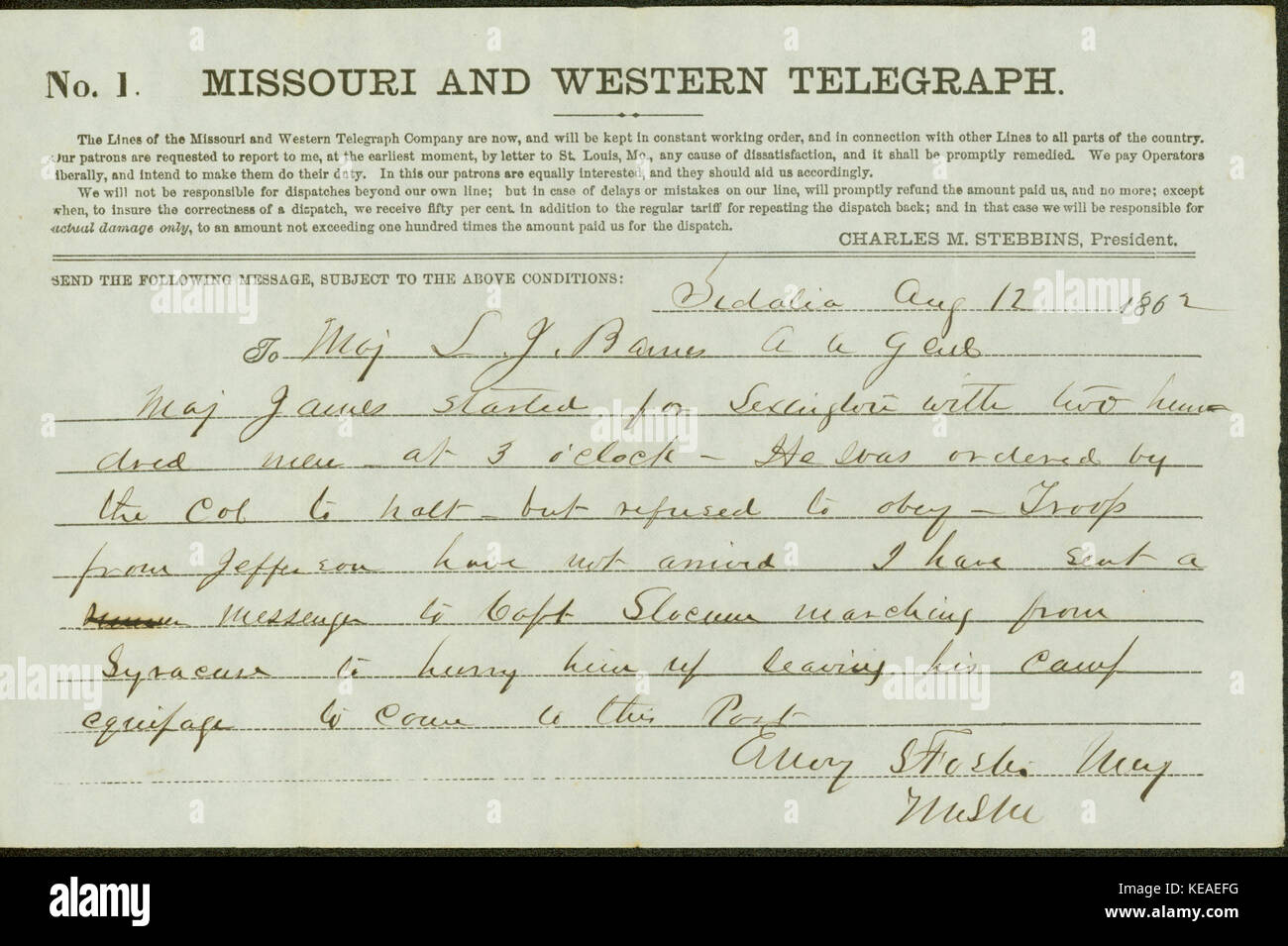 Telegram of Major Emory S. Foster, Sedalia, to Major L.G. Barnes