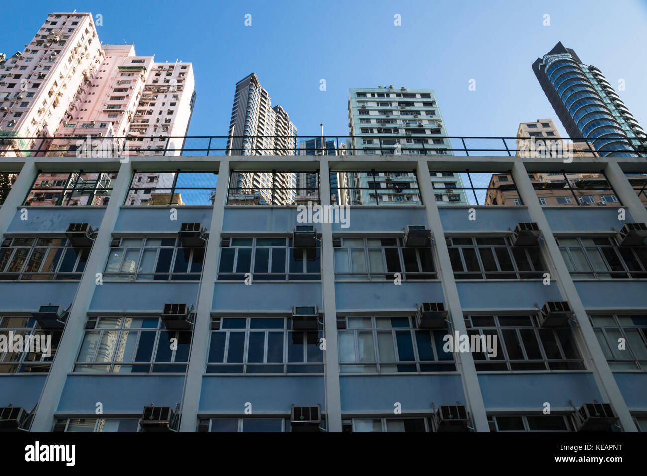 Low angle view on apartement buildings in Hong Kong, Asia Stock Photo