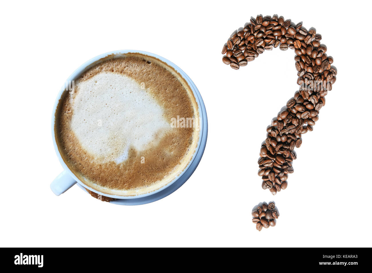 Cappuccino cup of coffee and question mark made of roasted espresso