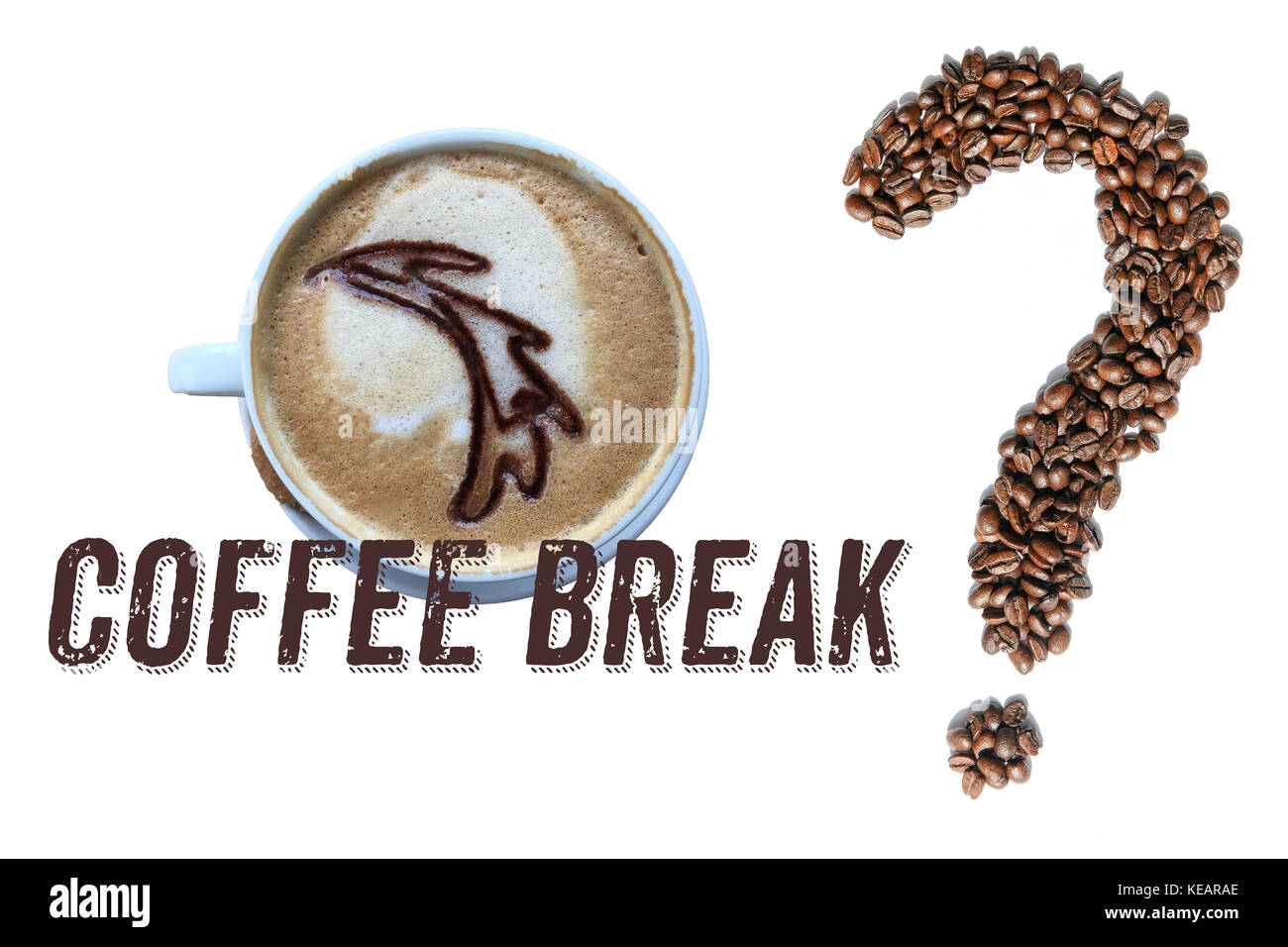 Cup of coffee, words "Coffee Break" and question mark made of roasted