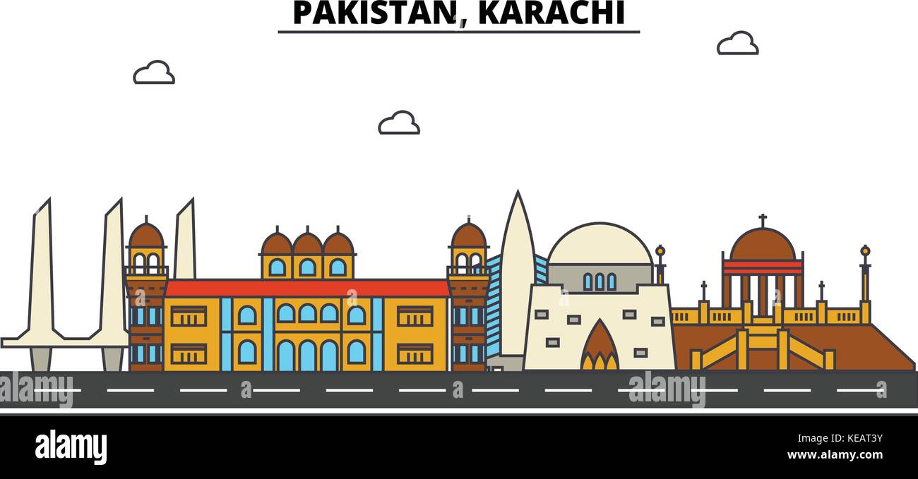 Pakistan, Karachi. City skyline architecture, buildings, streets, silhouette, landscape, panorama, landmarks. Editable strokes. Flat design line vector illustration concept. Isolated icons set Stock Vector