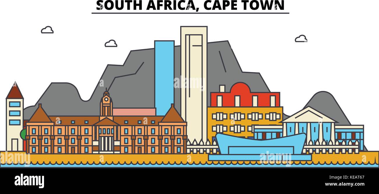 South Africa, Cape Town. City skyline architecture, buildings, streets, silhouette, landscape, panorama, landmarks. Editable strokes. Flat design line vector illustration concept. Isolated icons set Stock Vector