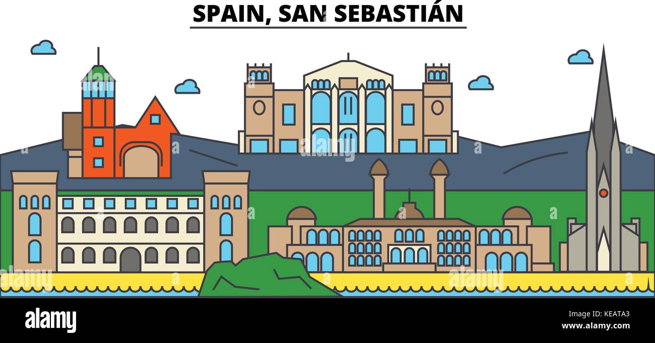 Spain, San Sebastian. City skyline architecture, buildings, streets, silhouette, landscape, panorama, landmarks. Editable strokes. Flat design line vector illustration concept. Isolated icons set Stock Vector