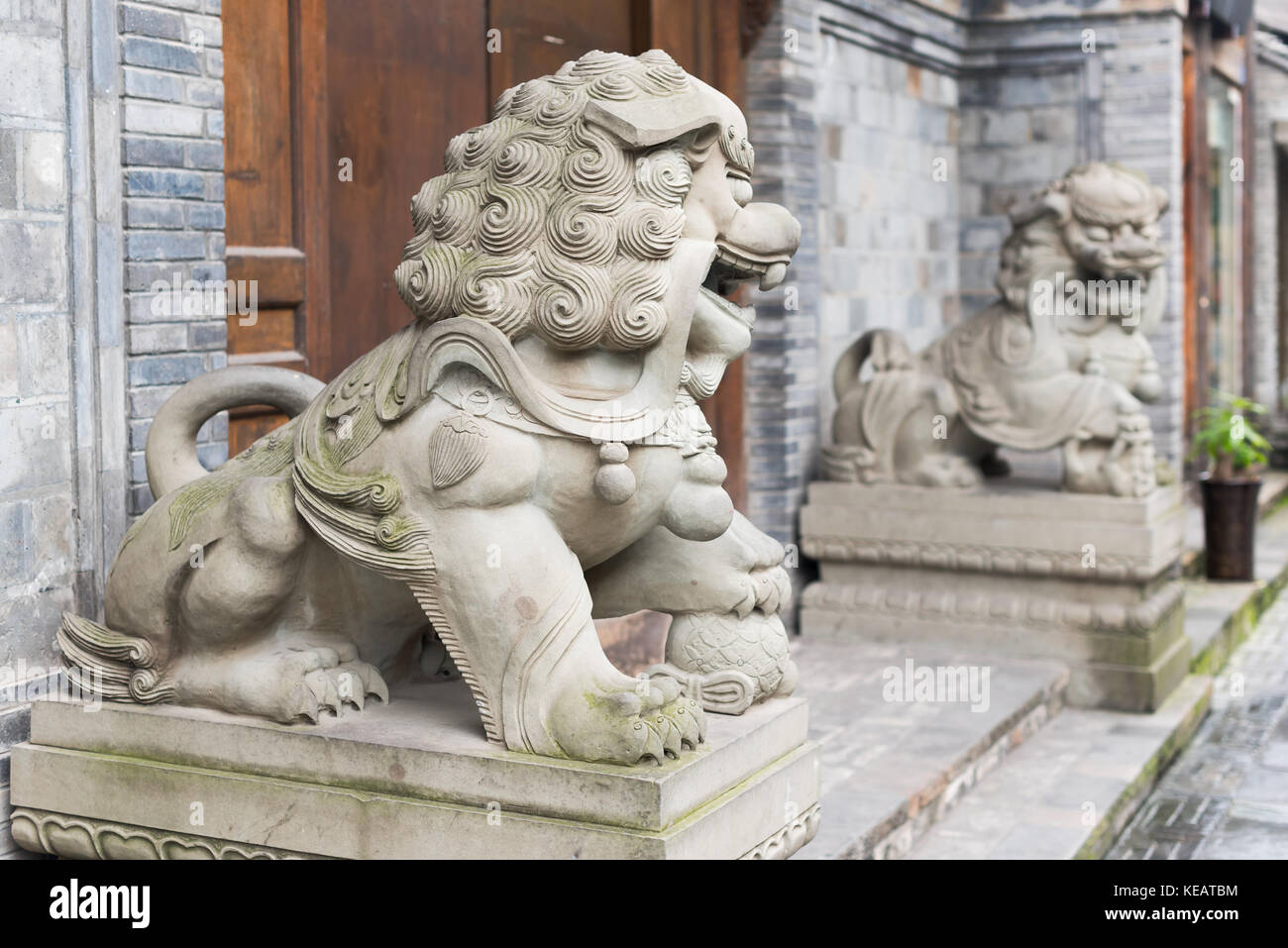 Two lion stone statues in front of a wooden door in China Stock Photo