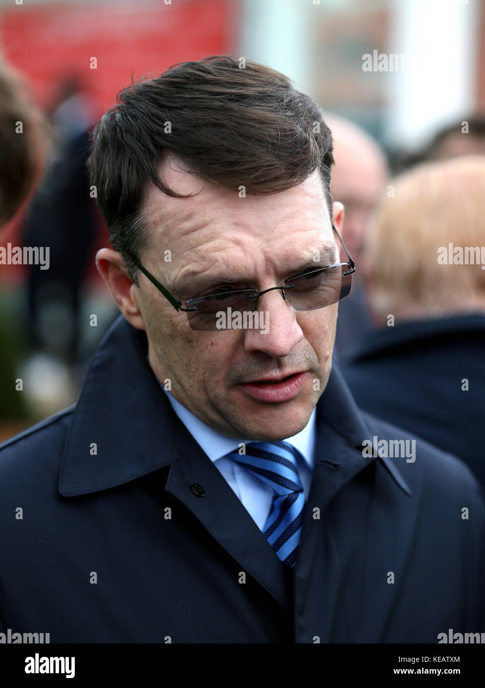 Trainer Aidan O'Brien after winning The Kingdom Of Bahrain Sun Chariot Stakes with his horse Roly Poly at Newmarket Racecourse Stock Photo