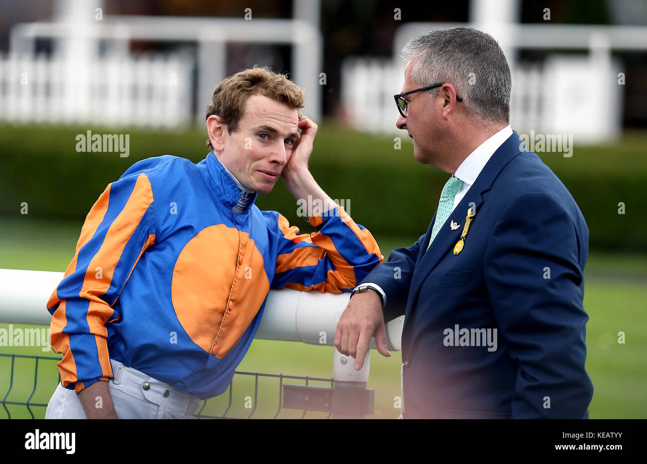 Ryan Moore after winning The Kingdom Of Bahrain Sun Chariot Stakes on Roly Poly at Newmarket Racecourse Stock Photo