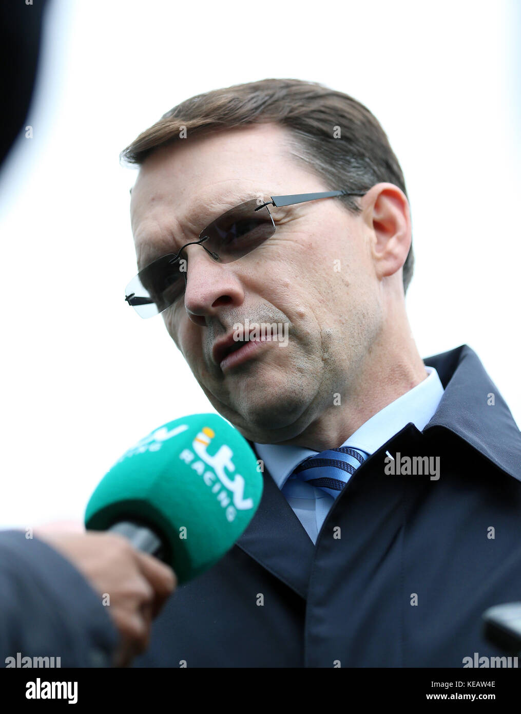 Trainer Aidan O'Brien after winning The Kingdom Of Bahrain Sun Chariot Stakes with his horse Roly Poly at Newmarket Racecourse Stock Photo