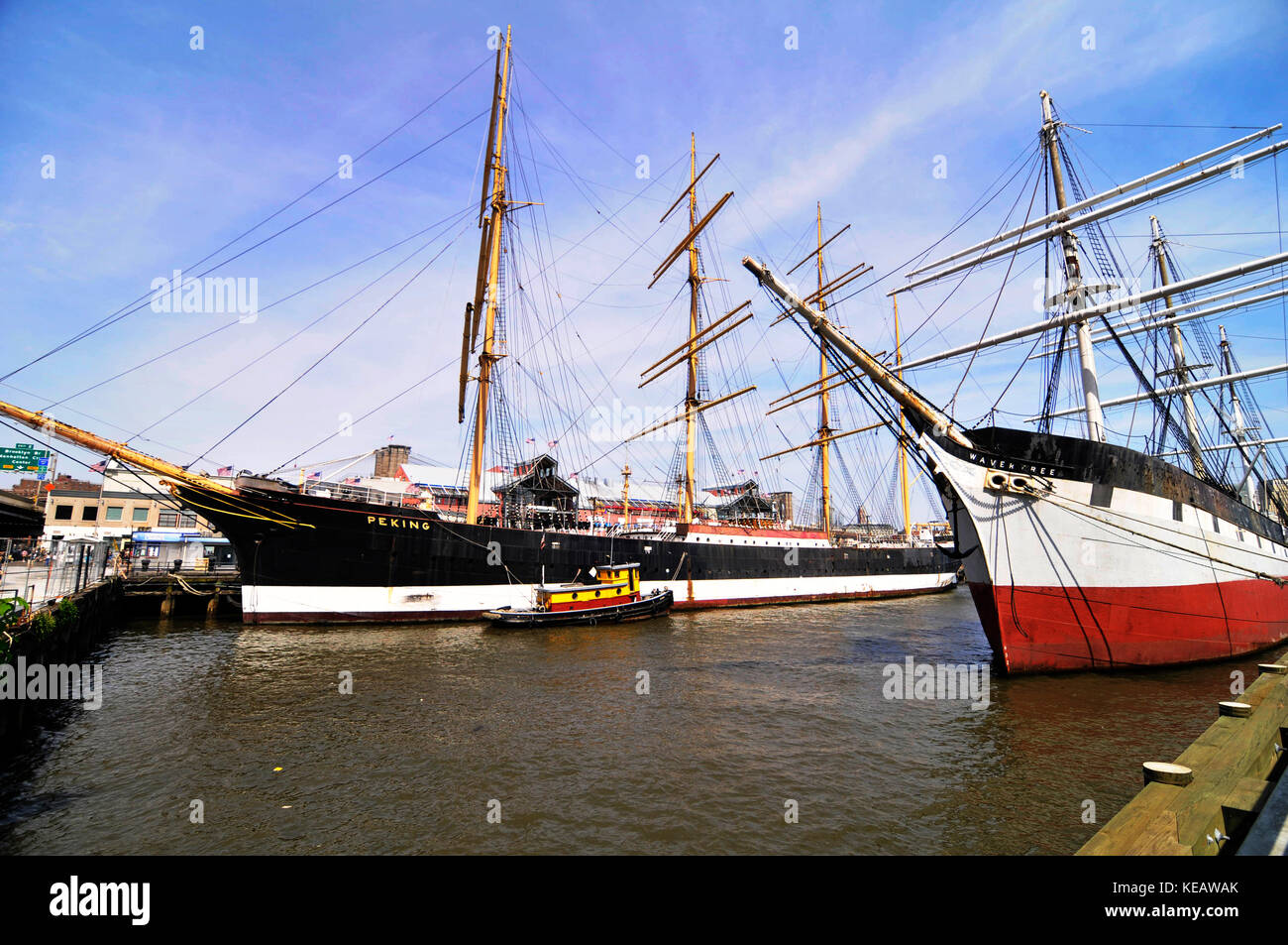 "Flying P-Liner" SS Peking ship by the piers on South Street, Manhattan. Stock Photo