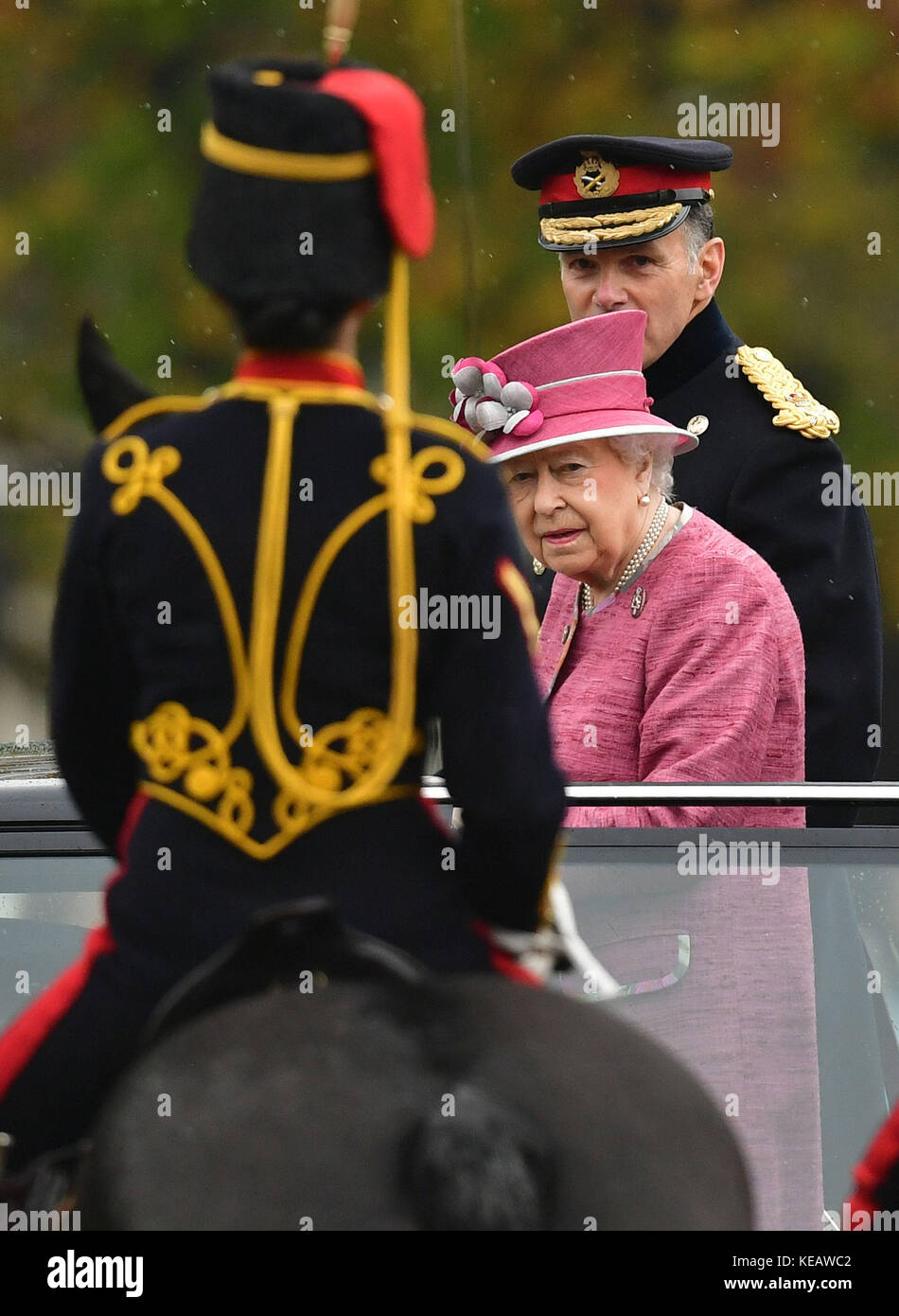 Queen Elizabeth II arrives in Hyde Park in London, to mark the 70th anniversary of the King's Troop Royal Horse Artillery. Stock Photo
