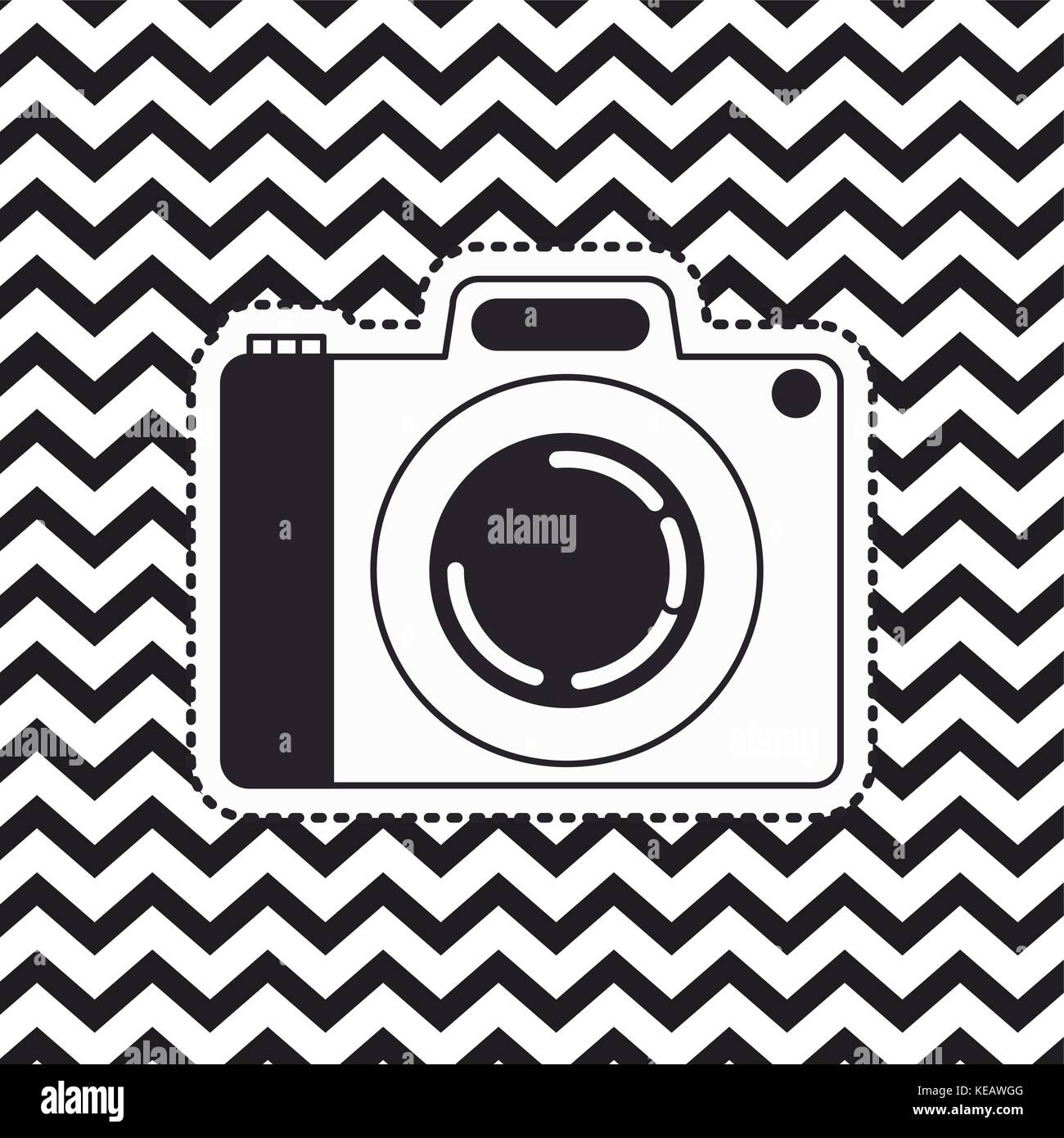 analog camera sticker on pop art zig zag linear monochrome background ...