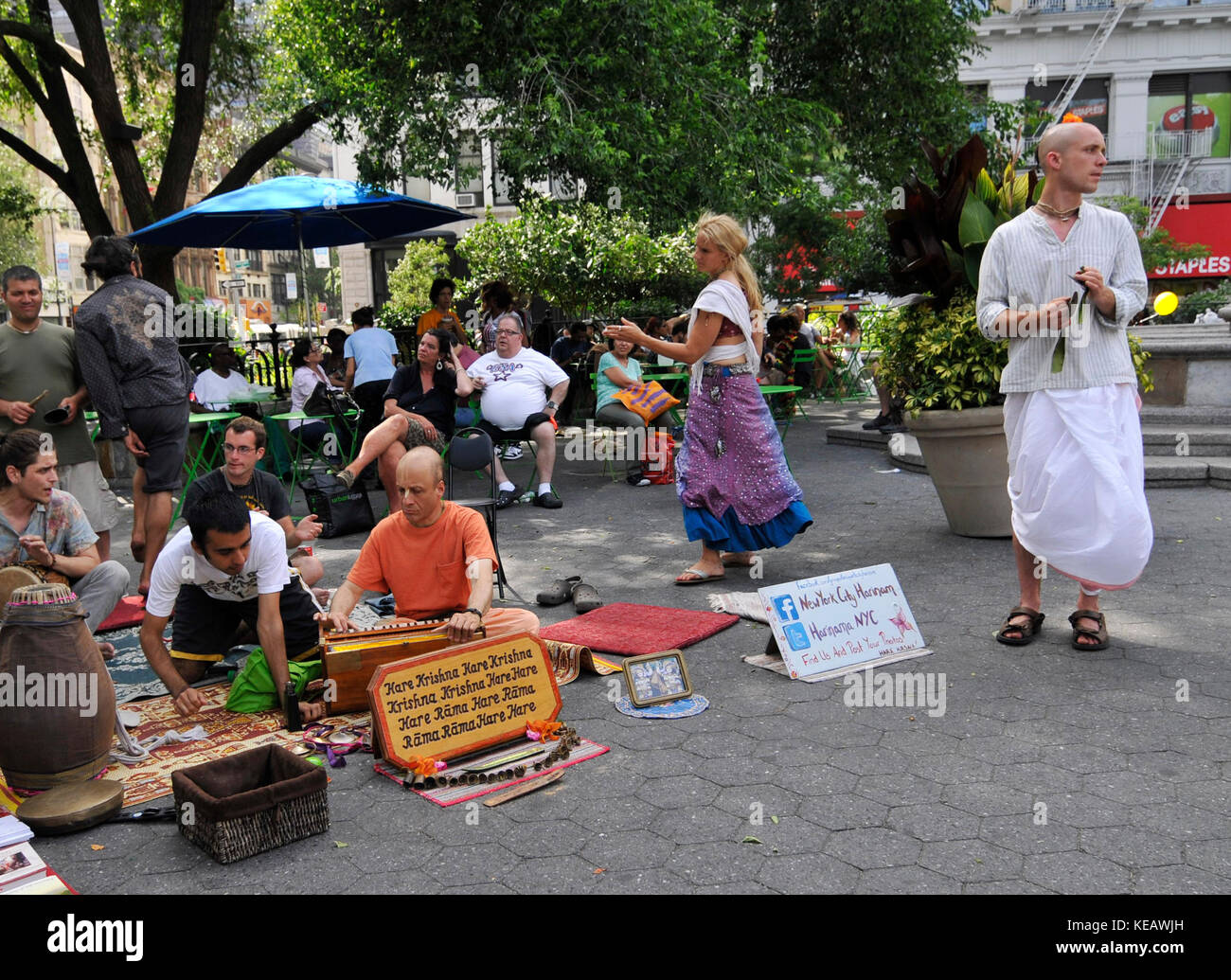 Hare Krishnas singing and dancing in New York's Union Square. Stock Photo