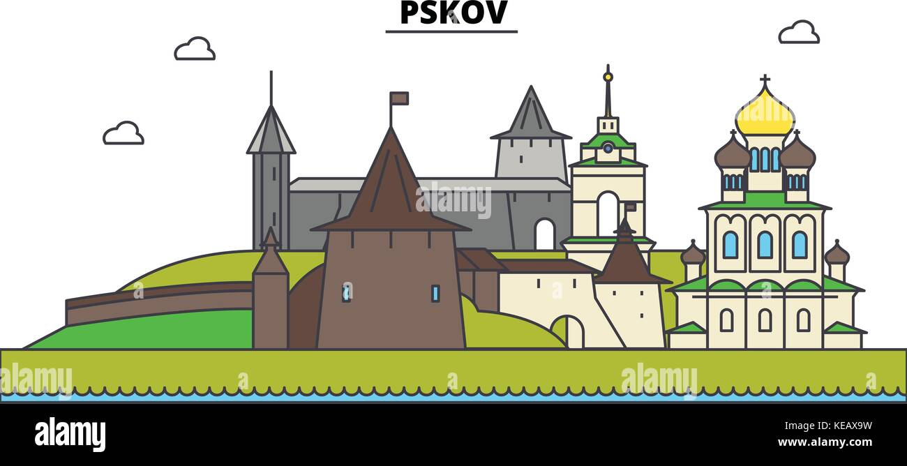 Russia, Pskov. City skyline, architecture, buildings, streets, silhouette, landscape, panorama, landmarks. Editable strokes. Flat design line vector illustration concept. Isolated icons set Stock Vector