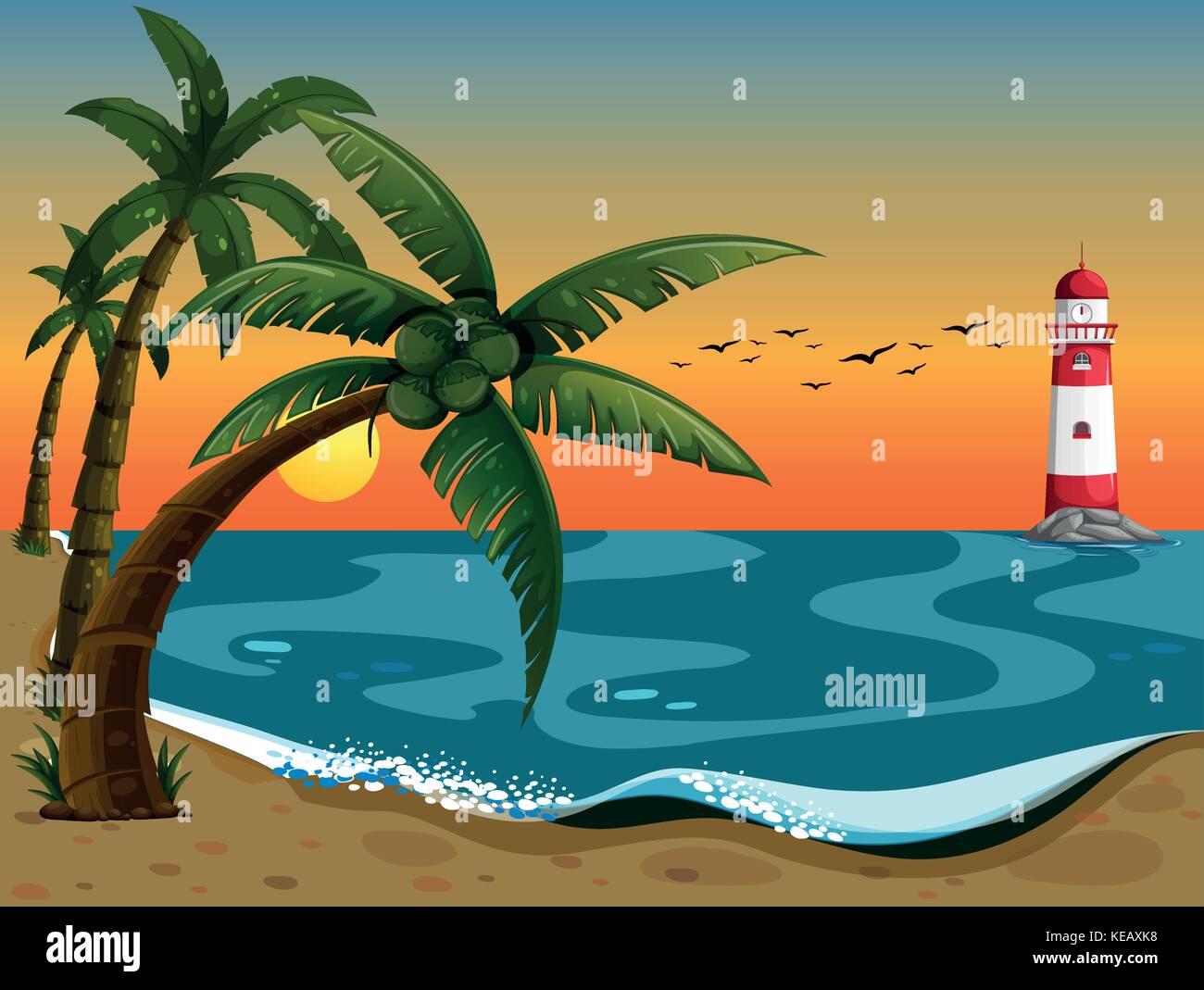 Illustration of a beautiful view of the ocean with the lighthouse Stock ...