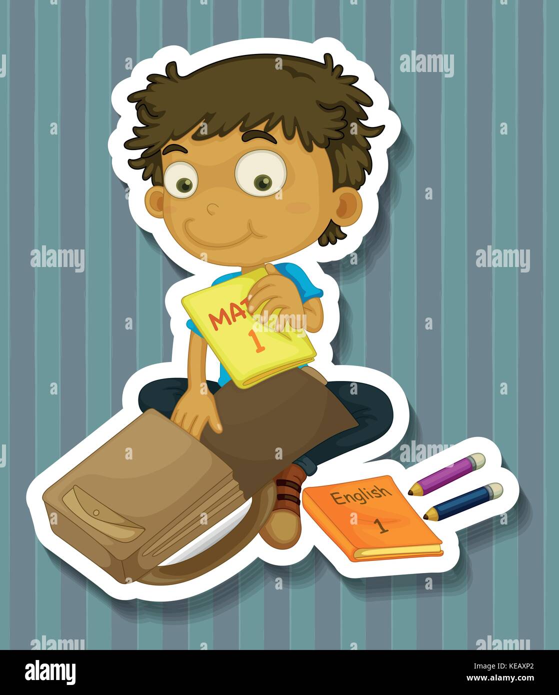 Boy packing school bag with textbooks Stock Vector