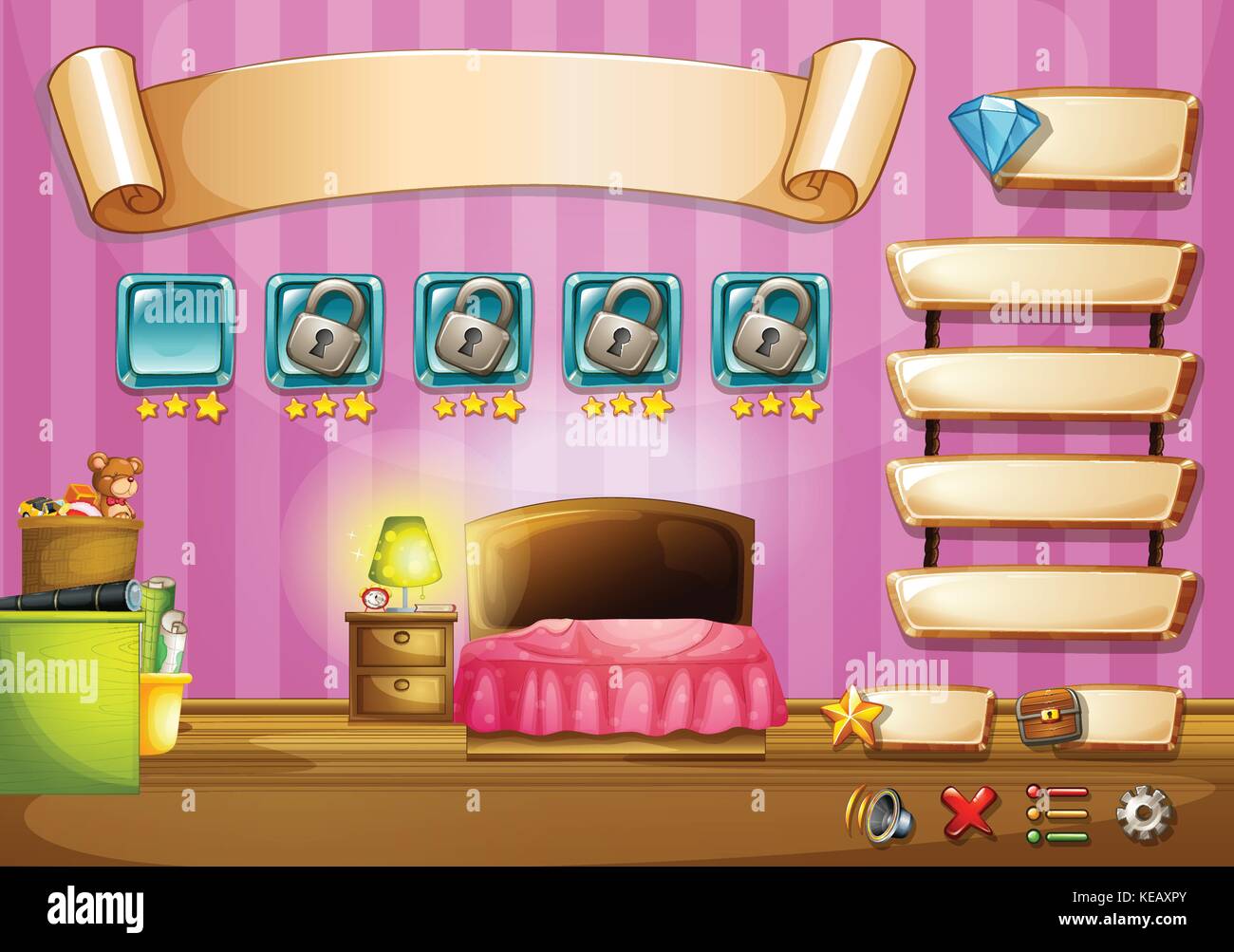 Illustration of a computer game with bedroom background Stock Vector ...