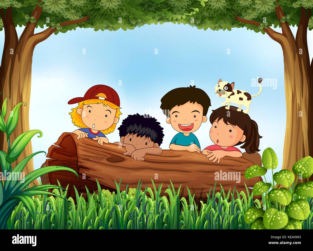 Children Hiding Behind Log In The Forest Stock Vector Image Art Alamy