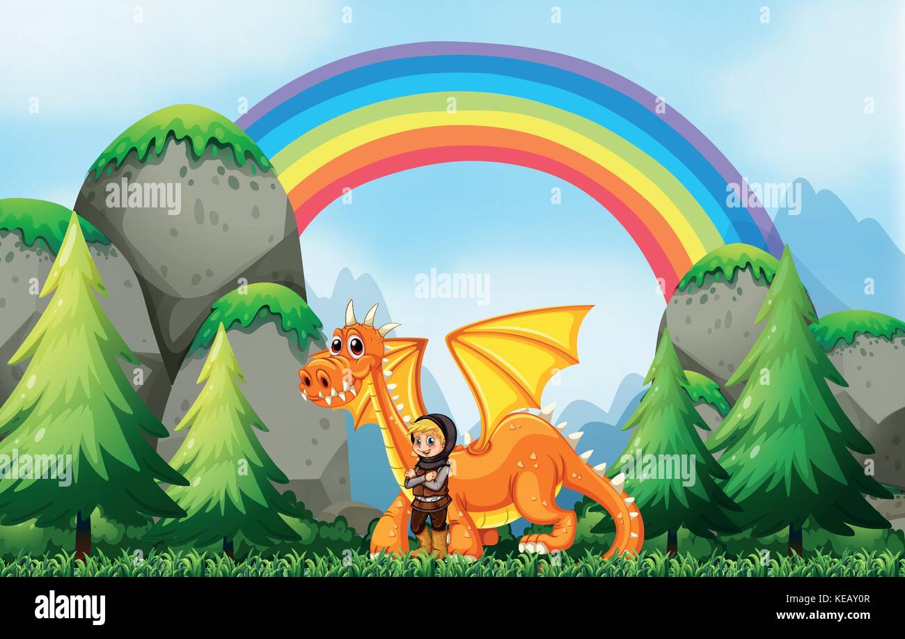 Knight and dragon in the field with rainbow background Stock Vector ...