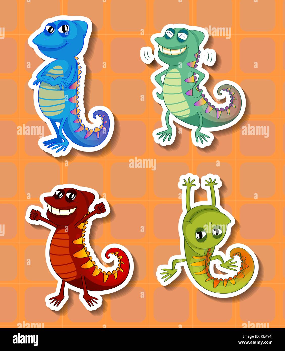 Stickers of four different colorful chameleons Stock Vector