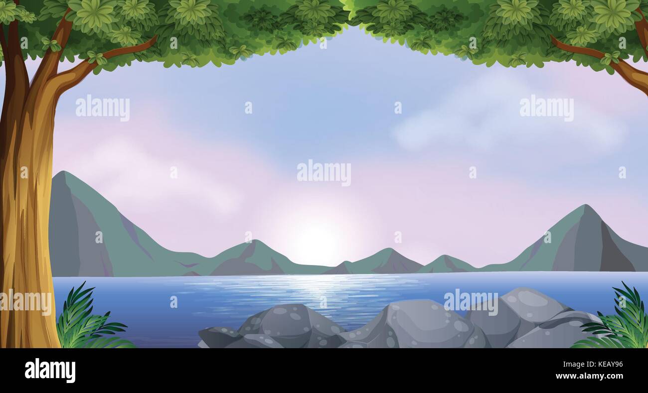 Illustration of a lake with with mountains Stock Vector Image & Art - Alamy