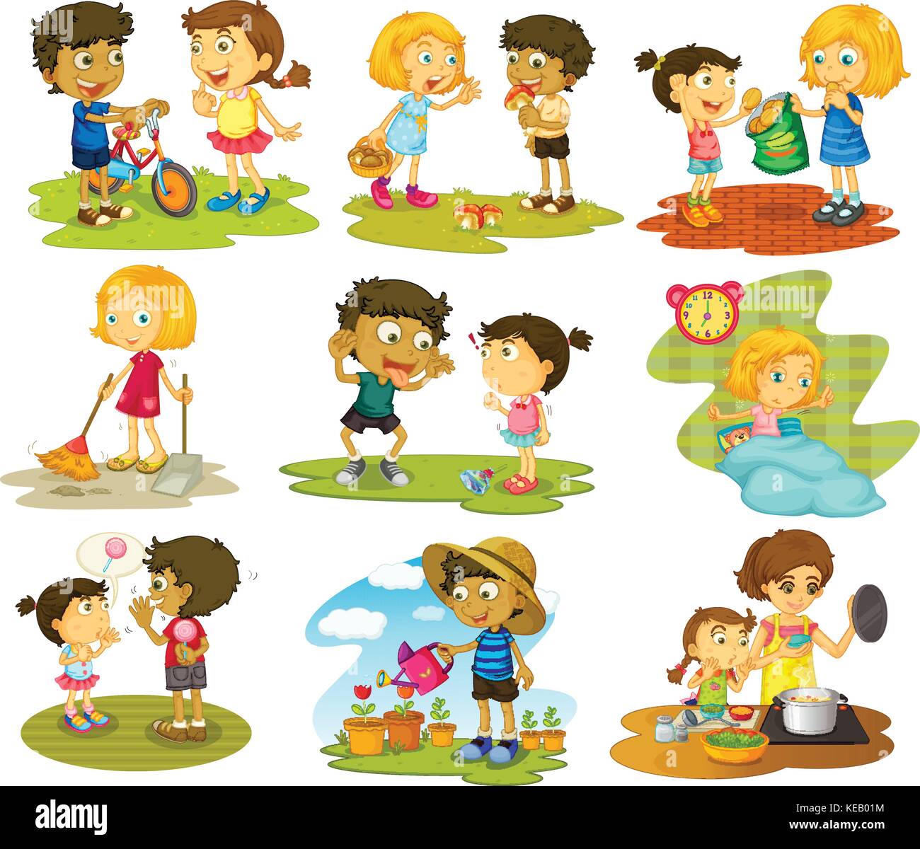 Illustration of many children doing chores and activities Stock Vector