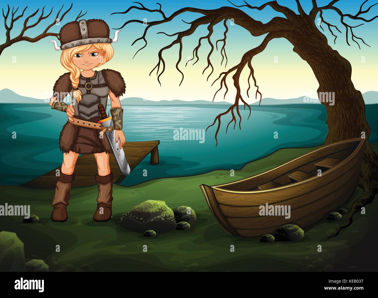 Illustration of a female viking by the lake Stock Vector