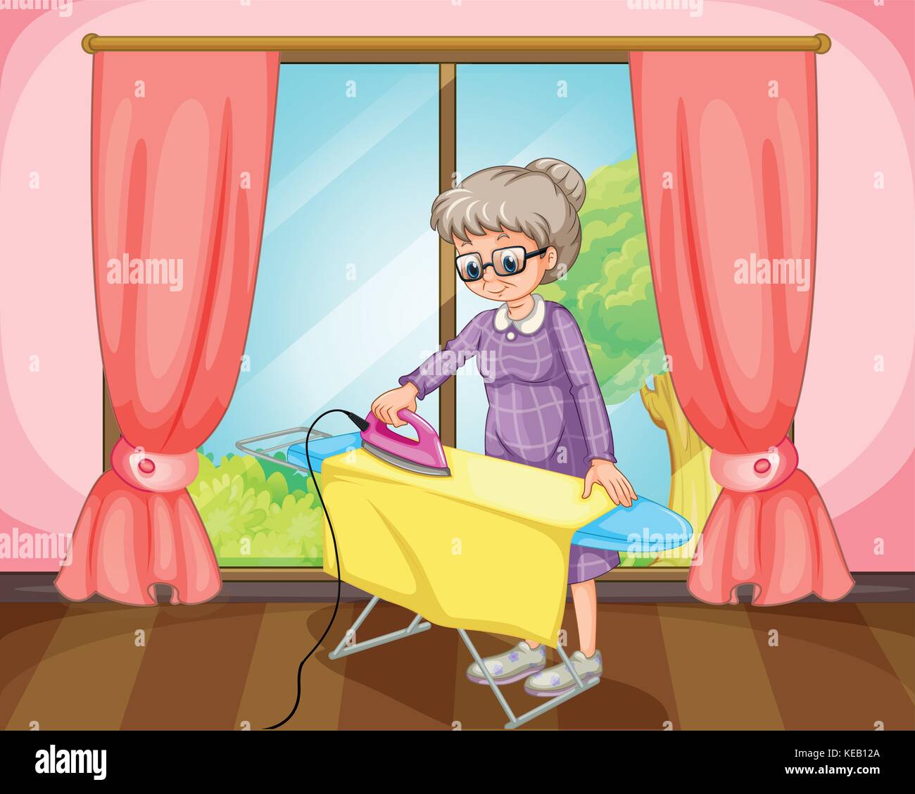 Old female standing and ironing yellow cloth in a room Stock Vector