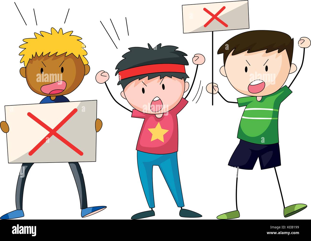 Three strikers holding signs at the protest Stock Vector
