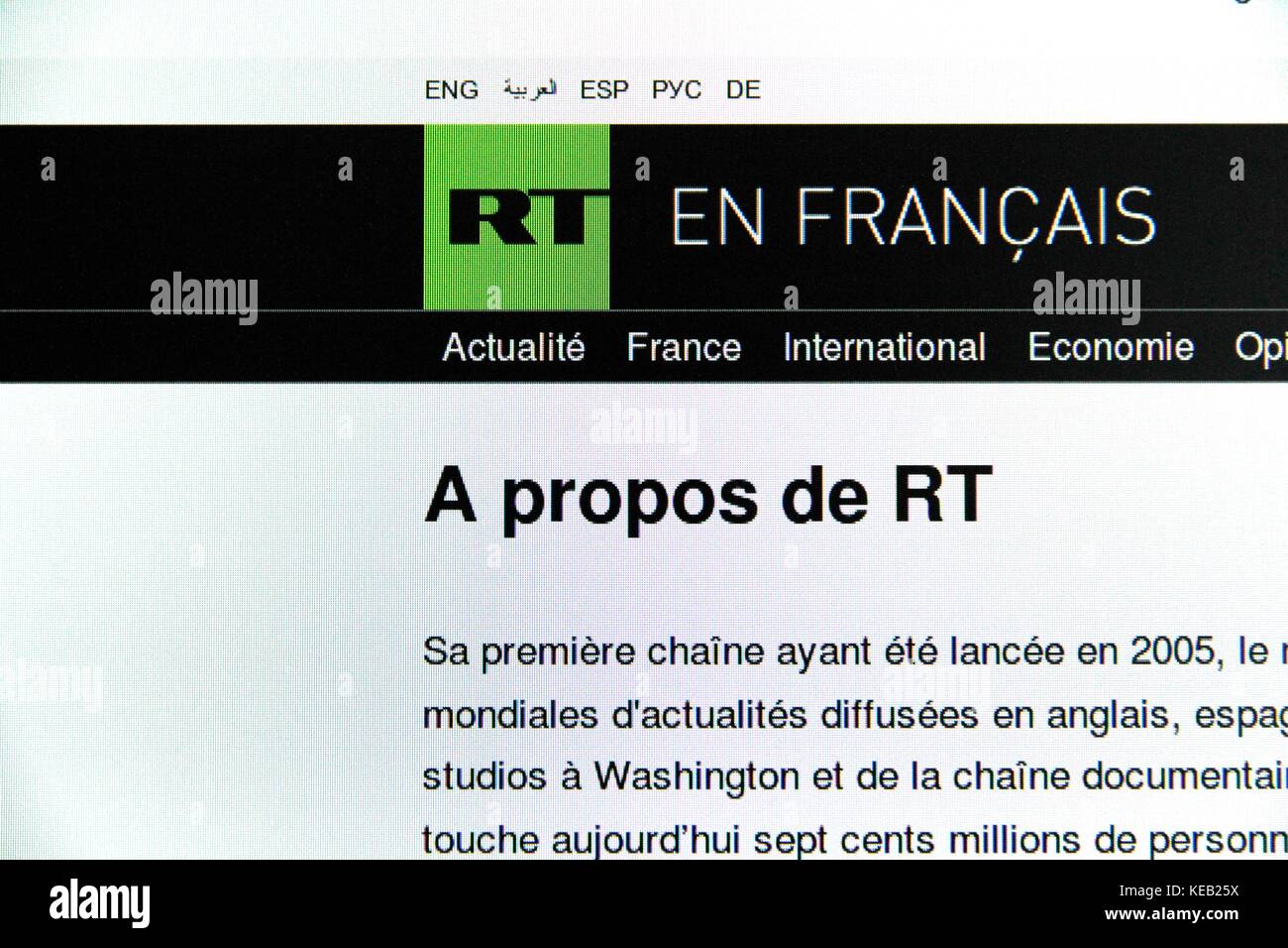 Media website Russia Today (RT). Russia Today news channel arrives in France. The launch is scheduled for December. Stock Photo