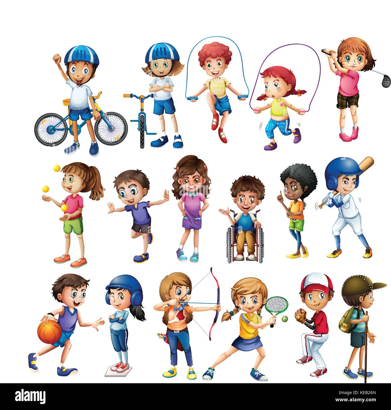 Boys and girls doing different sports Stock Vector
