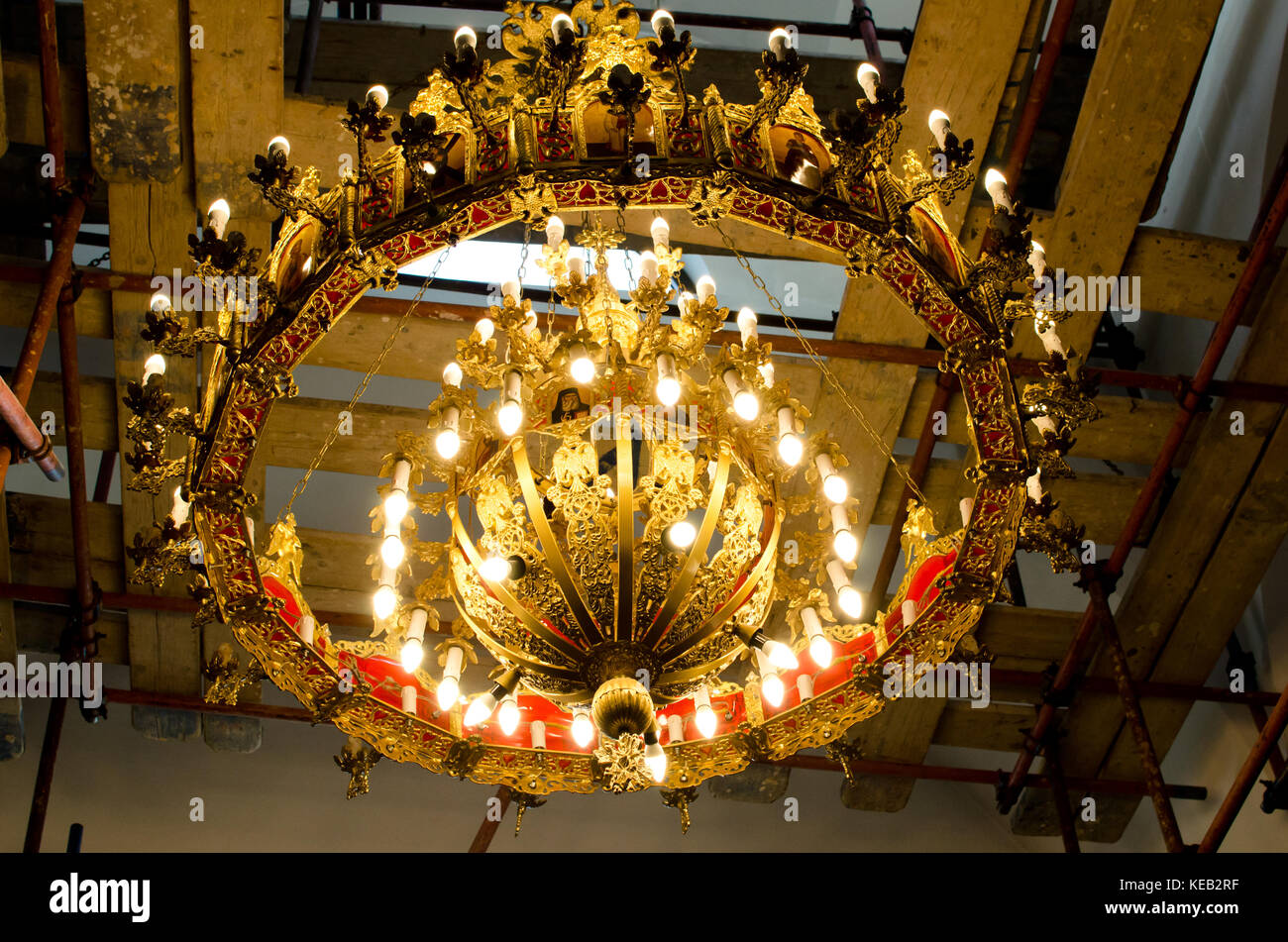 Massive Lighting Chandelier In Orthodox Church Close Up Stock