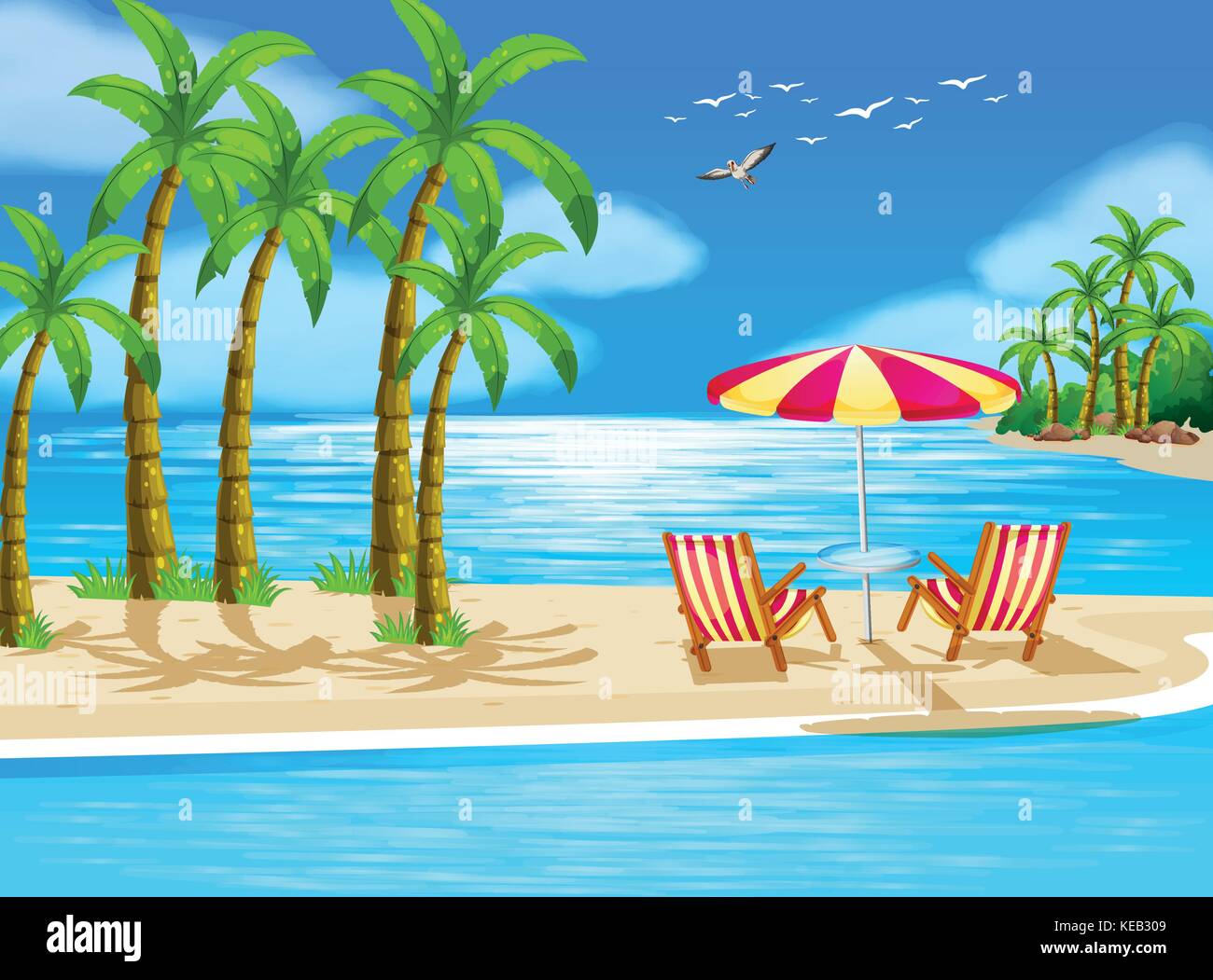Illustration of beach view with chairs and umbrella Stock Vector Image ...