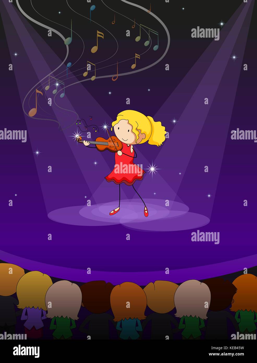 Girl playing violin on the stage with audience Stock Vector