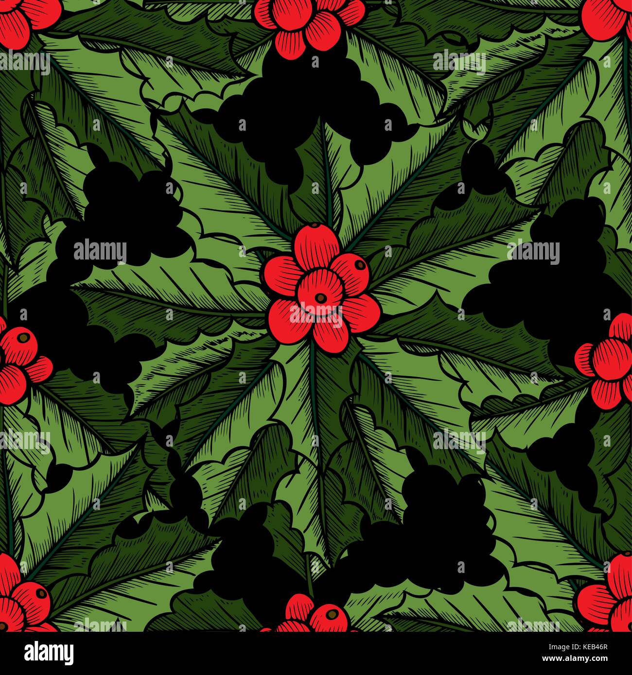 Christmas mistletoe, holly berry with leaves seamless pattern. Hand drawn vector background. Botanical Xmas decor element. Great for wrapping paper an Stock Vector