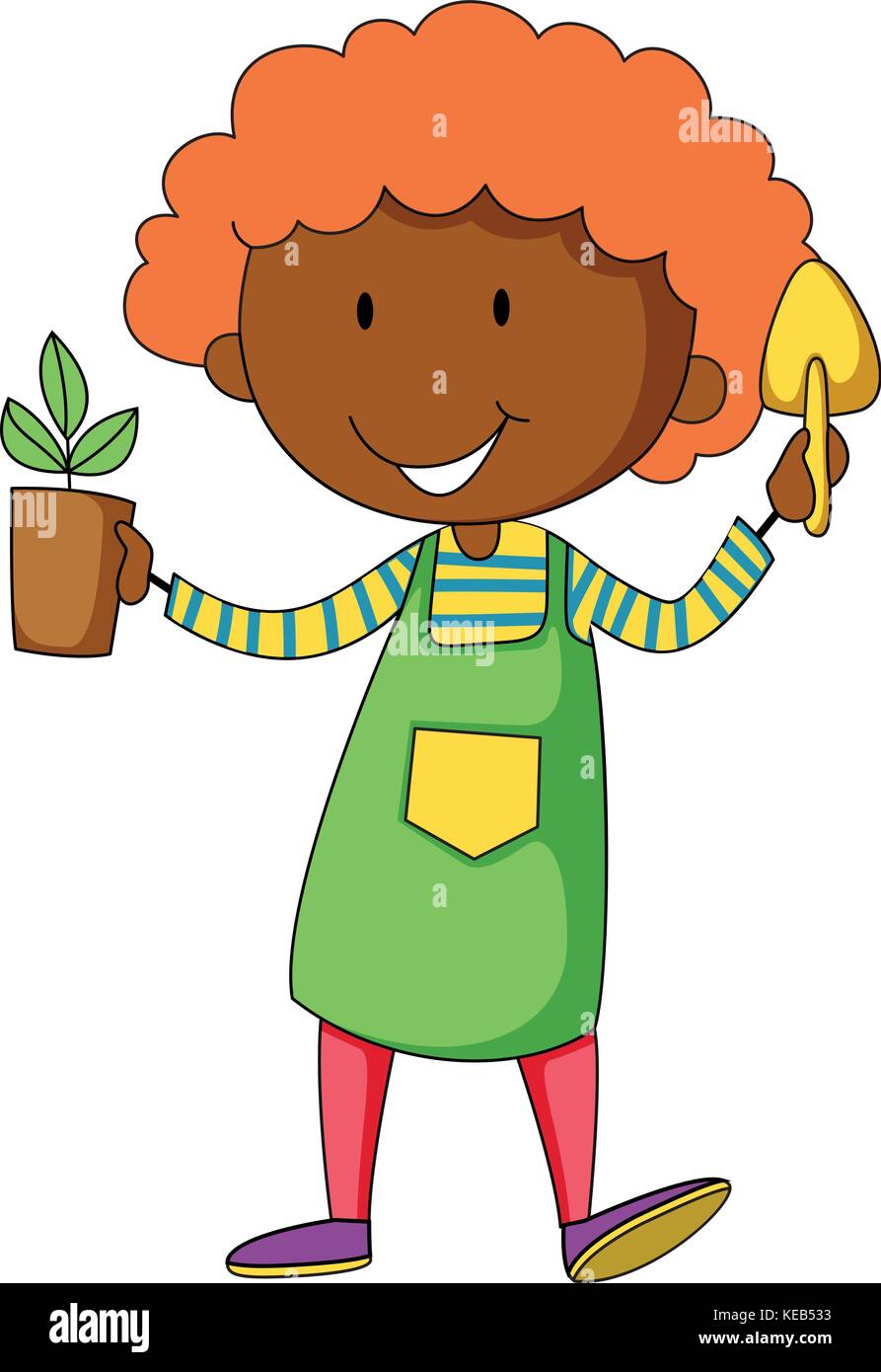 Closeup happy gardener holding potted plant and shovel Stock Vector ...