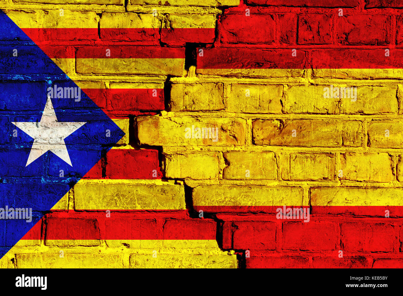 Catalonia independence movement versus Spain central government: symbolic for ongoing dispute on separation and autonomy. Flags of Catalan separatism  Stock Photo