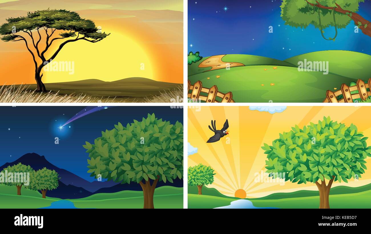Illustration of four scenes of field and forests Stock Vector Image