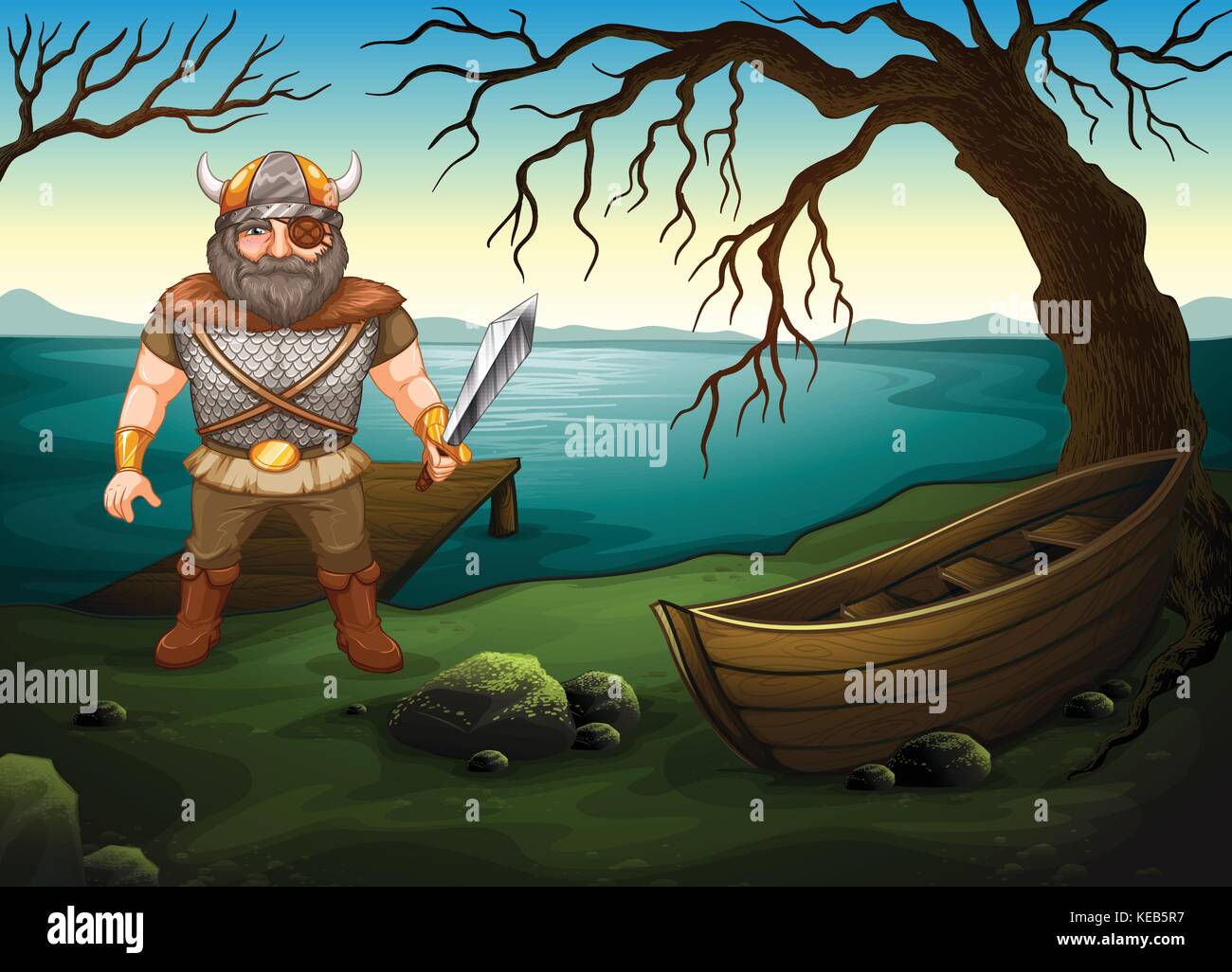 Illustration of a male viking by the lake Stock Vector