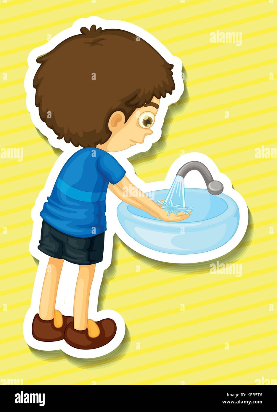 Sticker of a boy washing his hands in a sink Stock Vector