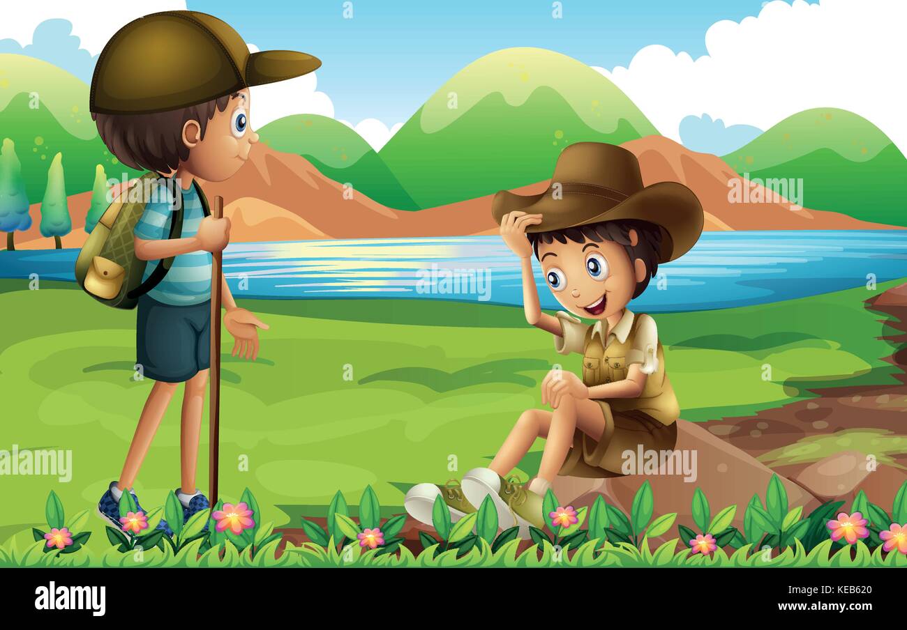 Two boys hiking up the river Stock Vector Image & Art - Alamy