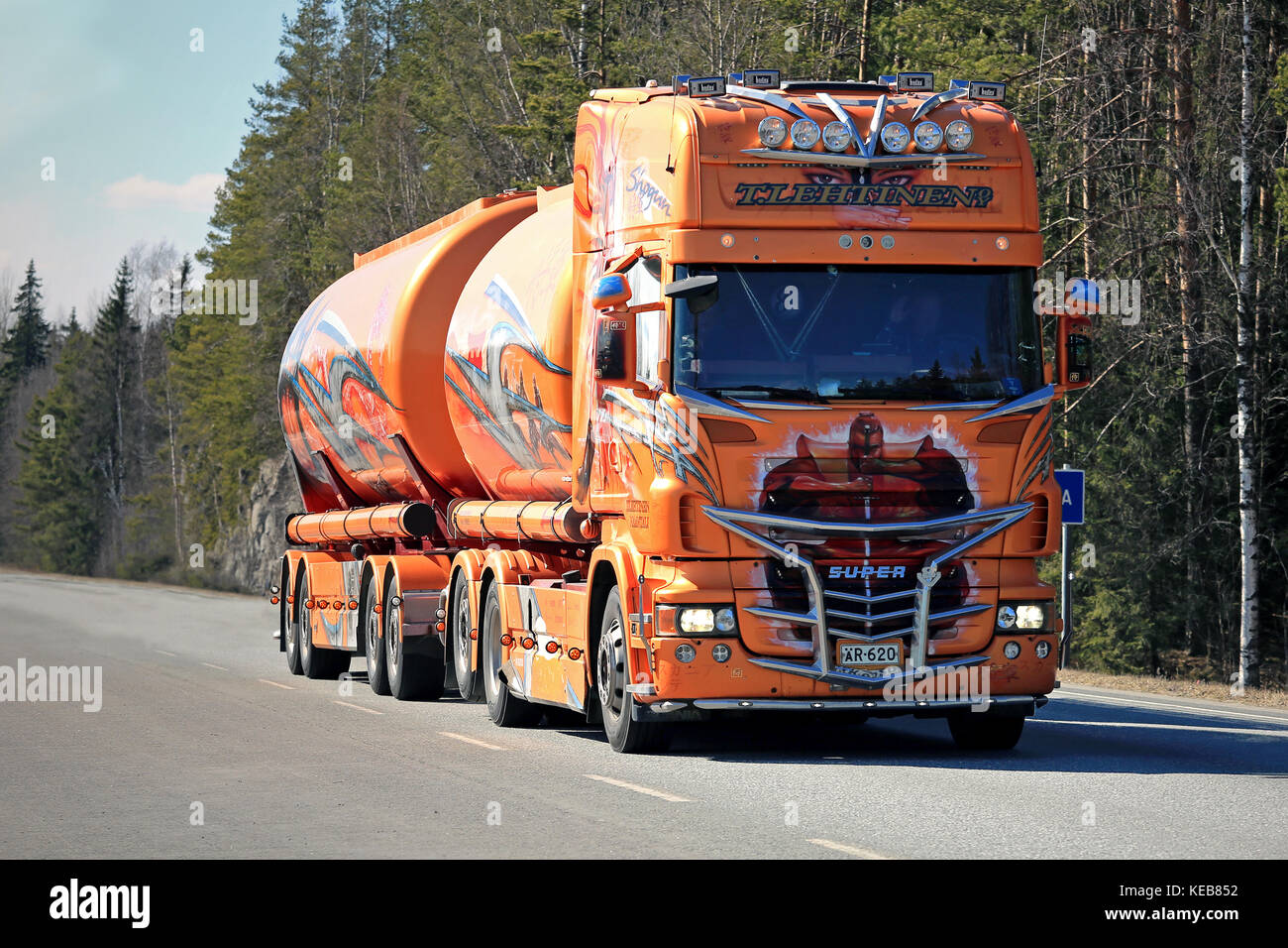 FORSSA, FINLAND - APRIL 16, 2016: Super tank truck Shogun Scania R620 on the road in Forssa. The multiple Nordic Trophy truck show winner by Kuljetus  Stock Photo