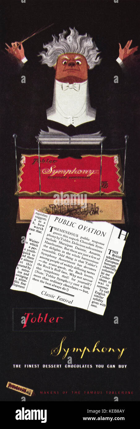 1950s advert old vintage original british magazine advertisement advertising Tobler Symphony chocolates by Toblerone dated 1958 Stock Photo