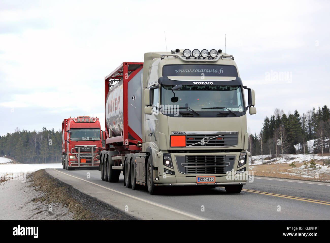 SALO, FINLAND - MARCH 4, 2016: Two semi tank trucks on the road in south of Finland. Stock Photo