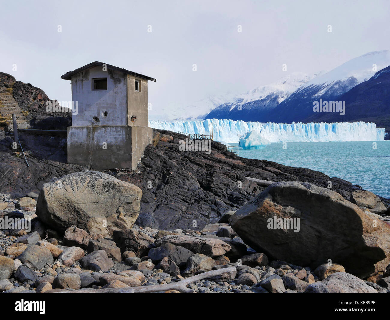 Concrete abandoned building on shore of Lago Argentino, Perito Moreno Glacier, Argentina Stock Photo