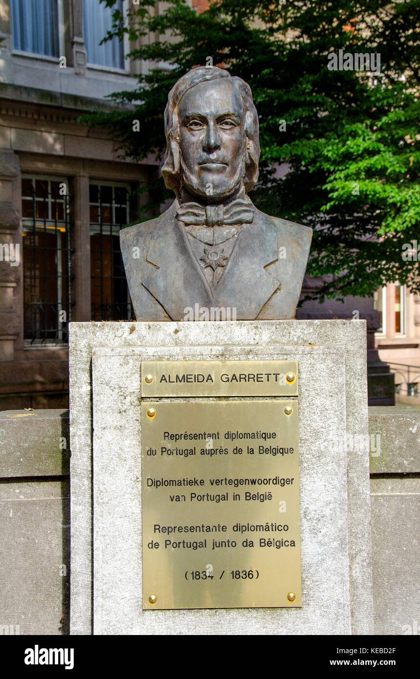 Brussels, Belgium. Bust: João Baptista da Silva Leitão de Almeida Garrett (1799-1854) politician, writer and romantic dramatist. Stock Photo