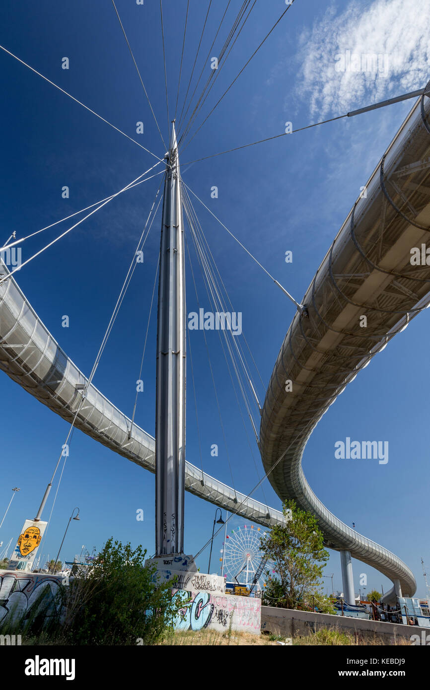 Modern construction - suspended bridge with high pylon at Pescara sea coast, Abruzzo, Italy Stock Photo