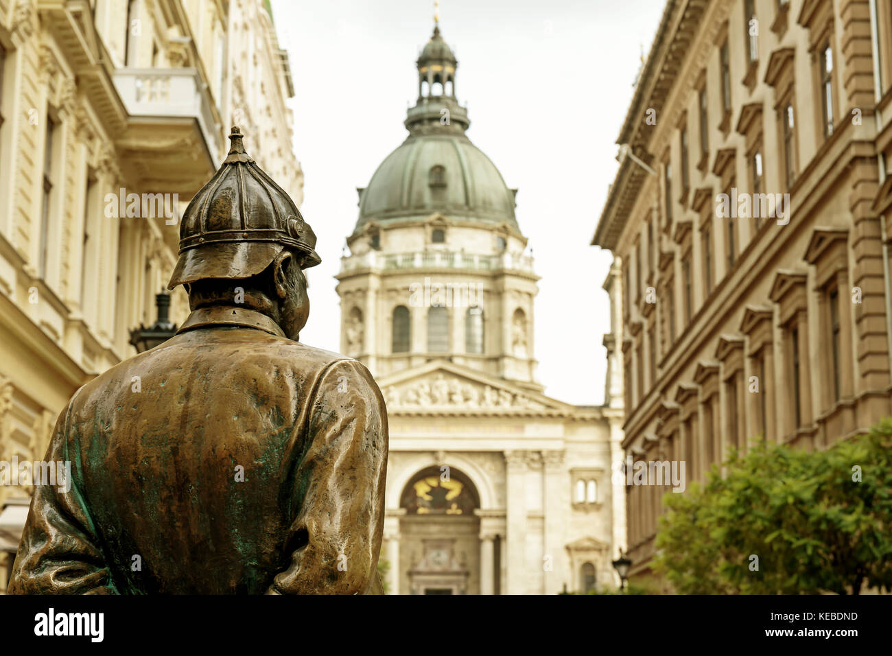 Fat policeman statue on Zrinyi Street in Budapest, Hungary Stock Photo