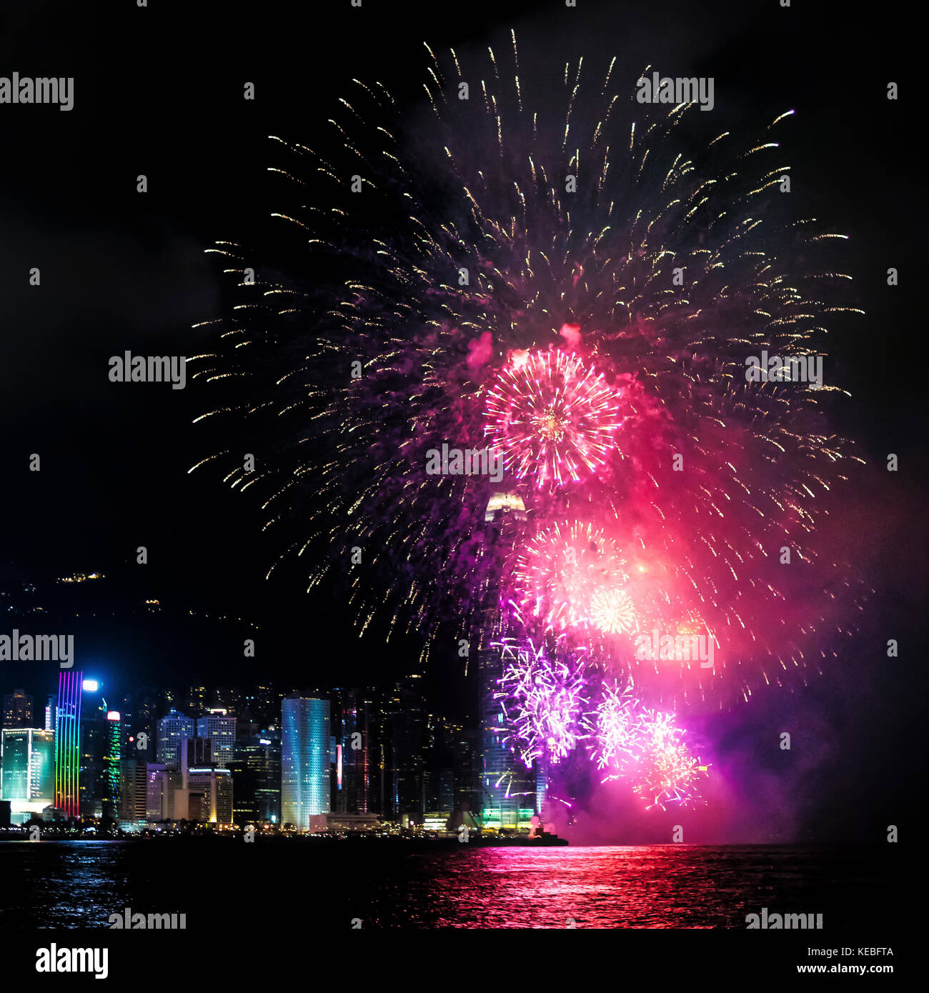 The National Day fireworks dwarf the 415m tall International Finance