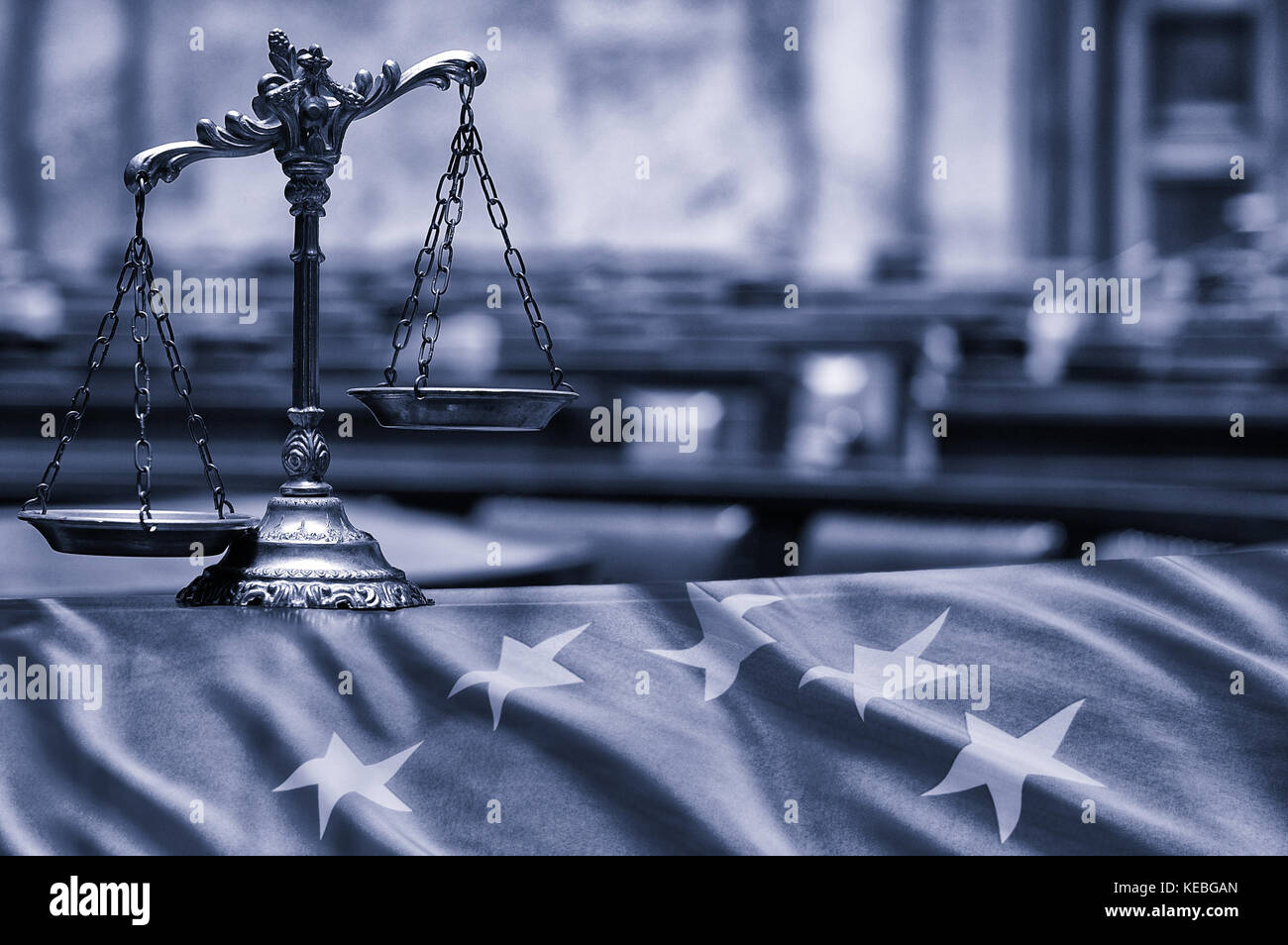 Symbol of law and justice in the empty courtroom, law and justice concept. Stock Photo
