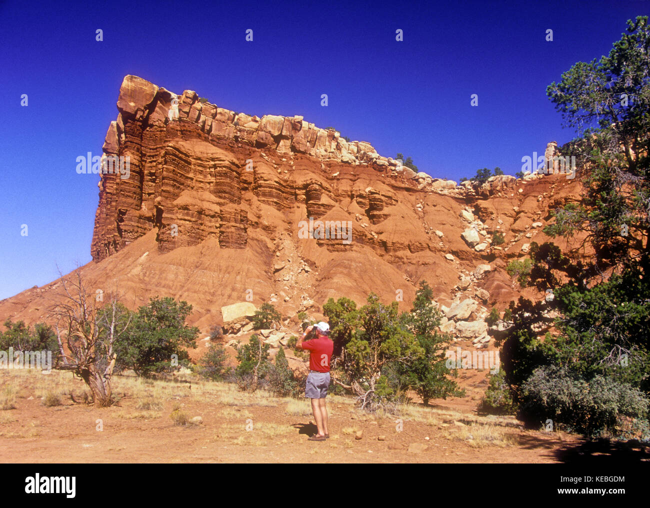 'Egyptian Temple' rock cliff, Capitol Reef National Park, Utah. A landmark on the scenic drive, it's an example of Shinarump sandstone topping layers  Stock Photo