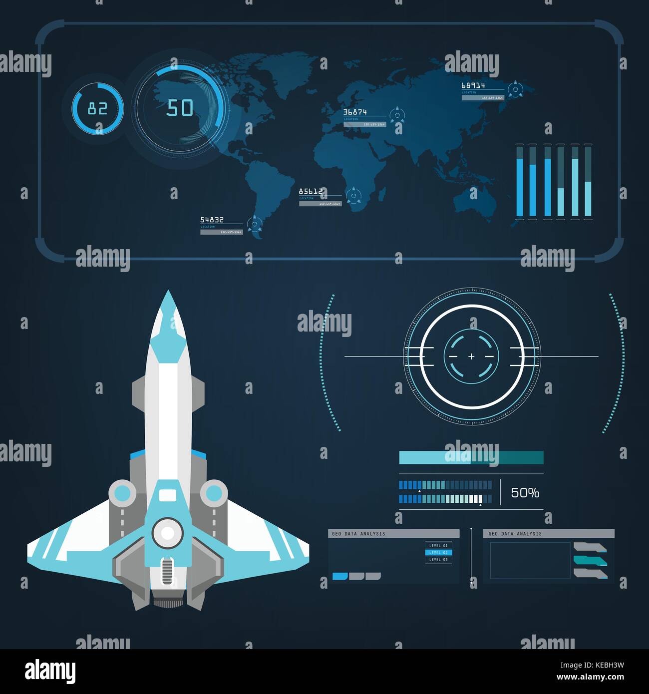 spaceships aircraft with future sight action mode interface UI design graphic illustration set Stock Vector